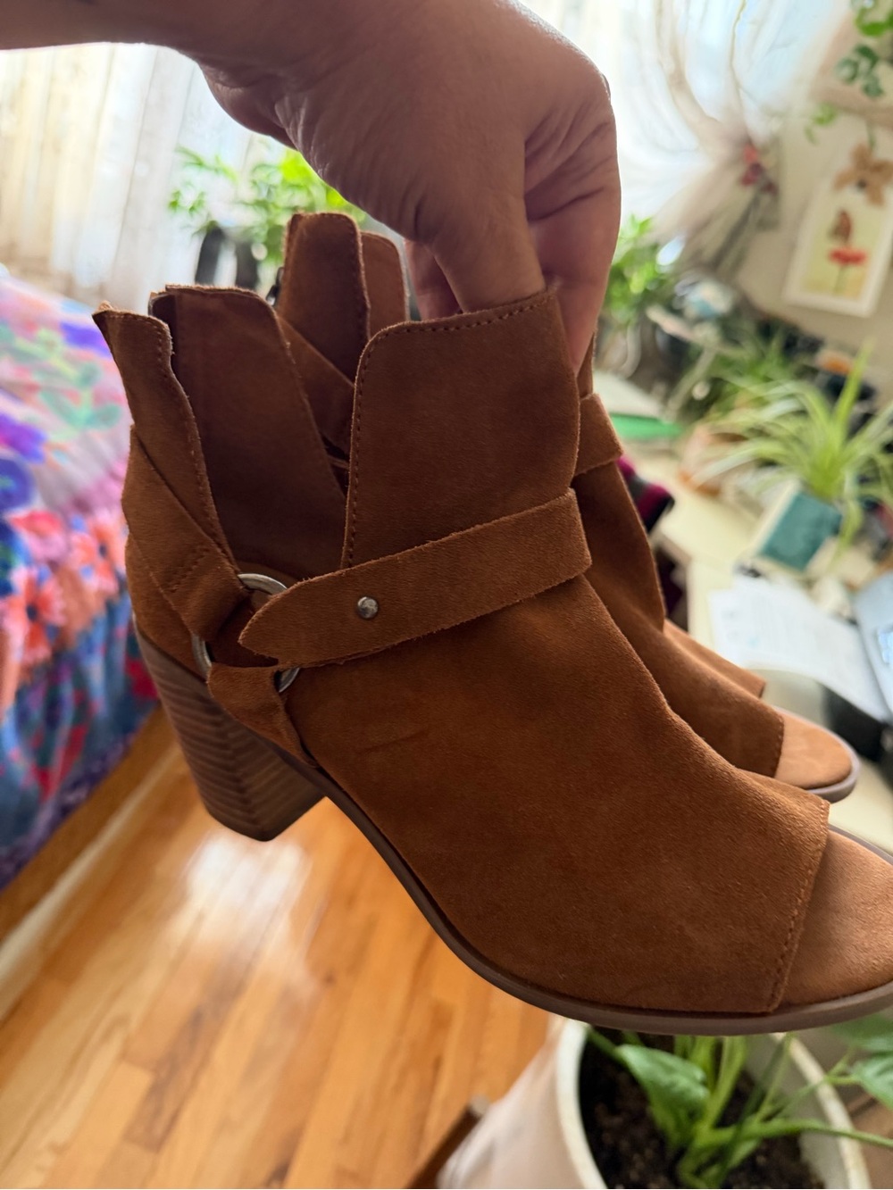 Crown Vintage Tan Suede Open-Toe Block Heel Booties
